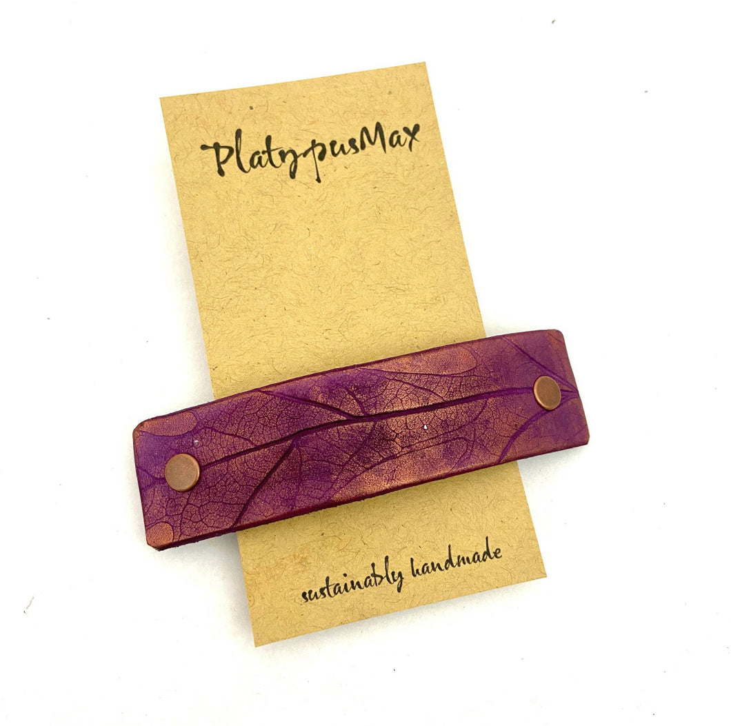 Purple and Copper Oak Leaf Imprint Leather Hair Barrette